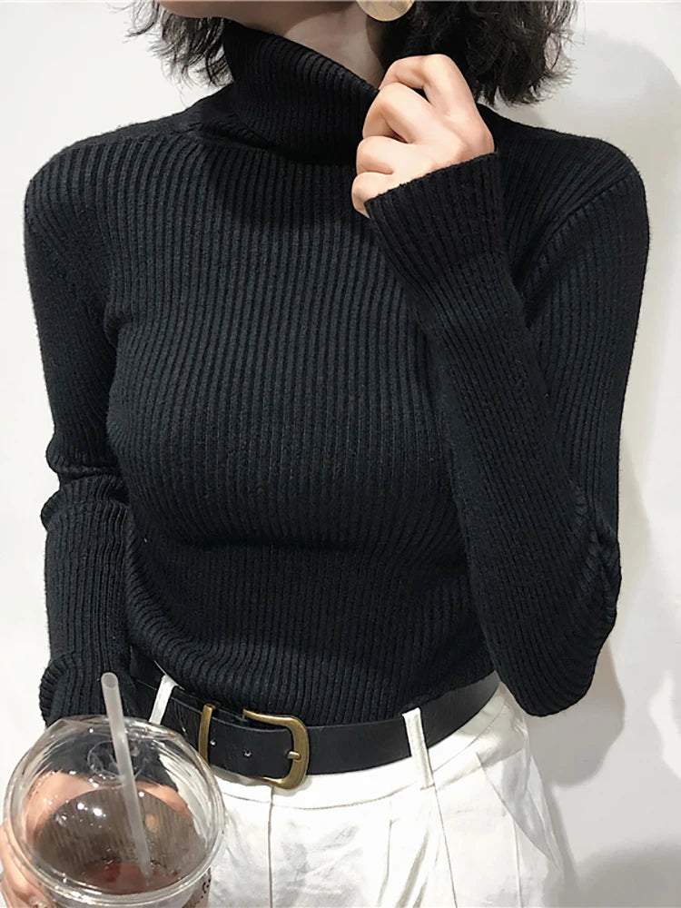Women's Slim Fit Turtleneck Sweater Style High Stretch Cotton Acrylic Pullover Knitted Jumper Casual Autumn Winter