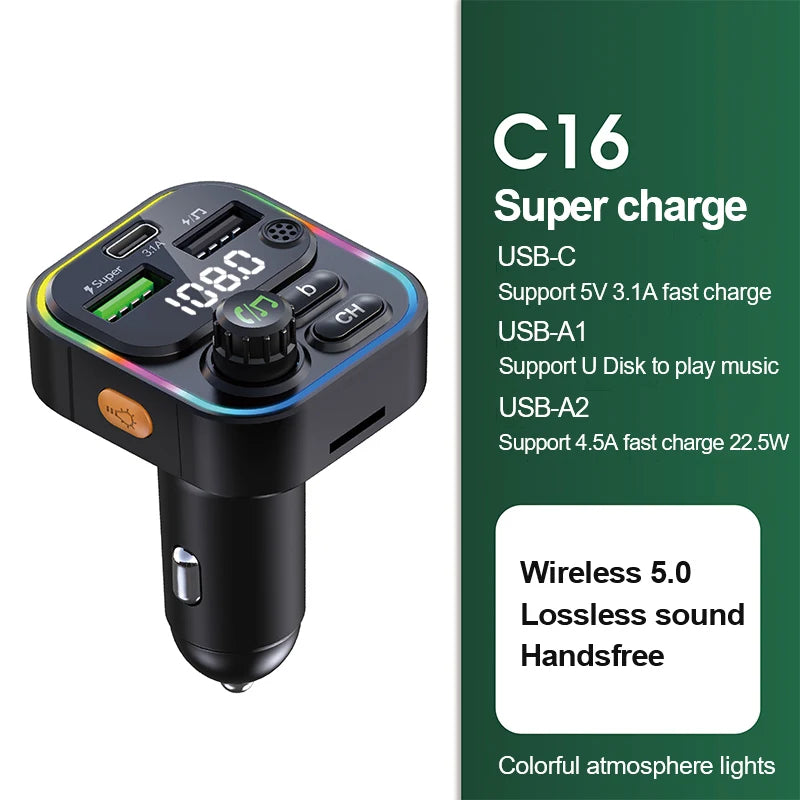 Bluetooth 5.0 FM Transmitter 22.5W USB Quick Charge Car Radio Modulator Handsfree MP3 Player with Car Adapter