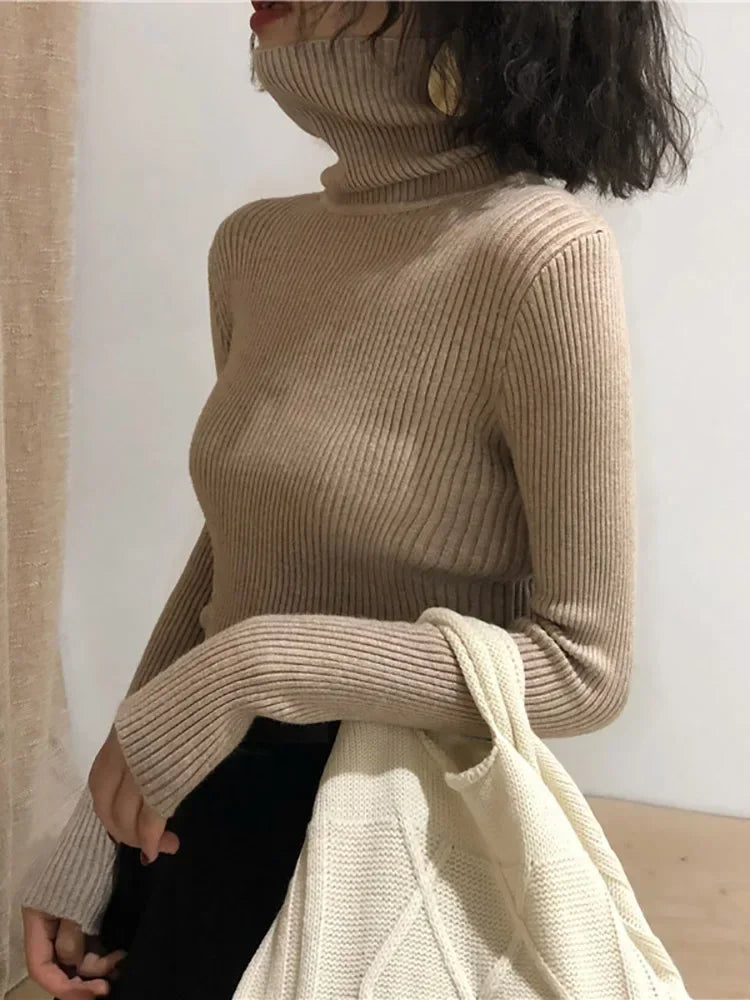 Women's Slim Fit Turtleneck Sweater Style High Stretch Cotton Acrylic Pullover Knitted Jumper Casual Autumn Winter