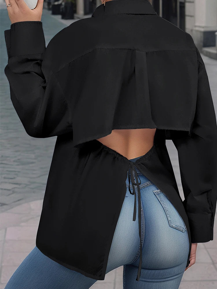 Plus Size Women's Crop Top Shirt Elegant Women's Tie-Front Long-Sleeved Shirt Solid Colour Suitable for Autumn