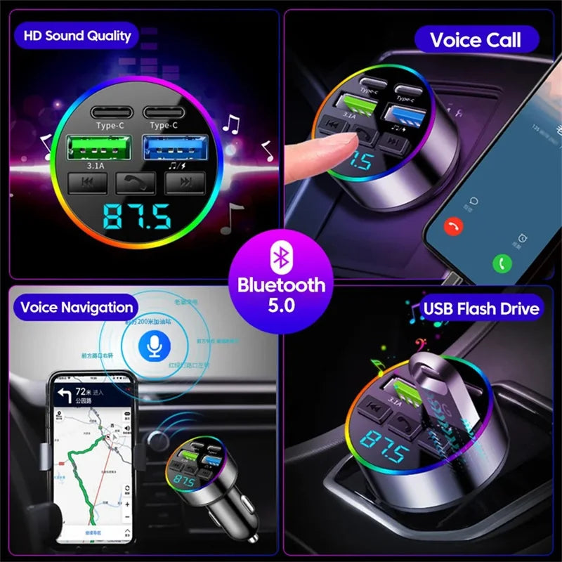 Bluetooth 5.0 FM Transmitter Car USB Quick Charge 4 Ports with Atmosphere Light Hands-Free Call And Music Input