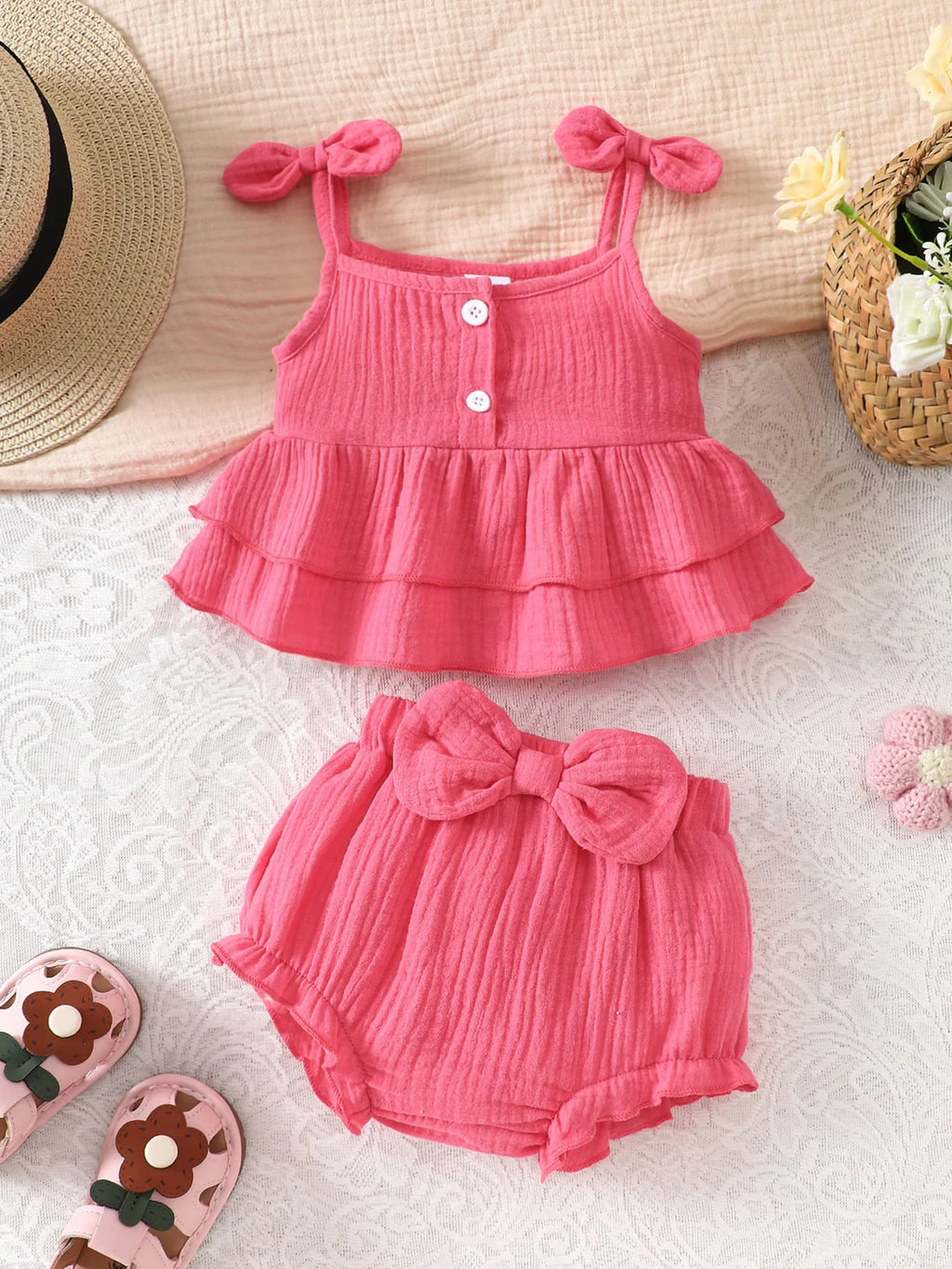 Baby Girl Bow-Knot Suspender Top with Ruffles + Bow-Knot Shorts Set, Cute and Breathable Two-Piece Summer Set