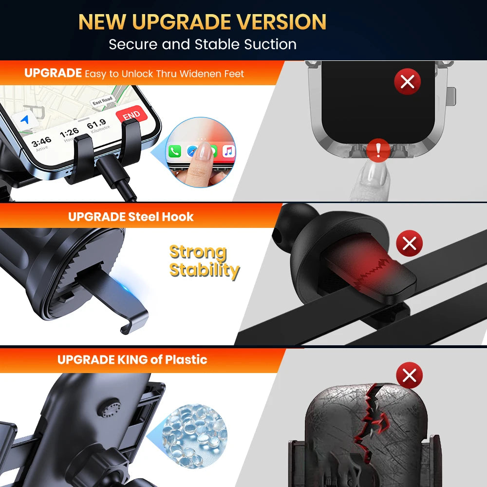 Universal Car Phone Holder Mount with Auto Locking And Hook Clip Black Air Vent Stand for iPhone Samsung - Upgrade Stability