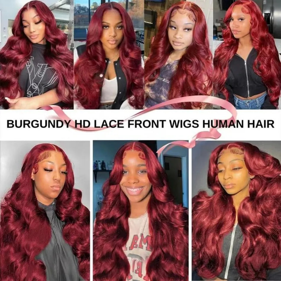 99J Burgundy 13X6 Hd Lace Frontal Human Hair Wigs Body Wave Lace Front Wigs Colored Ginger Human Hair Wigs 250 Density For Women
