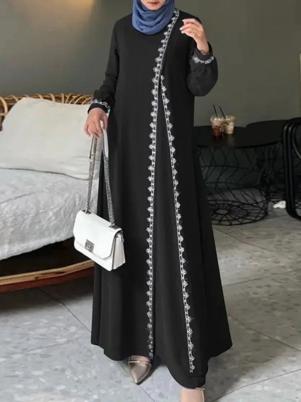 Women's Long Sleeve Lace Robe Muslim Bohemian Style Polyester Abaya Casual Ramadan Spring Vest for Adults Middle Age