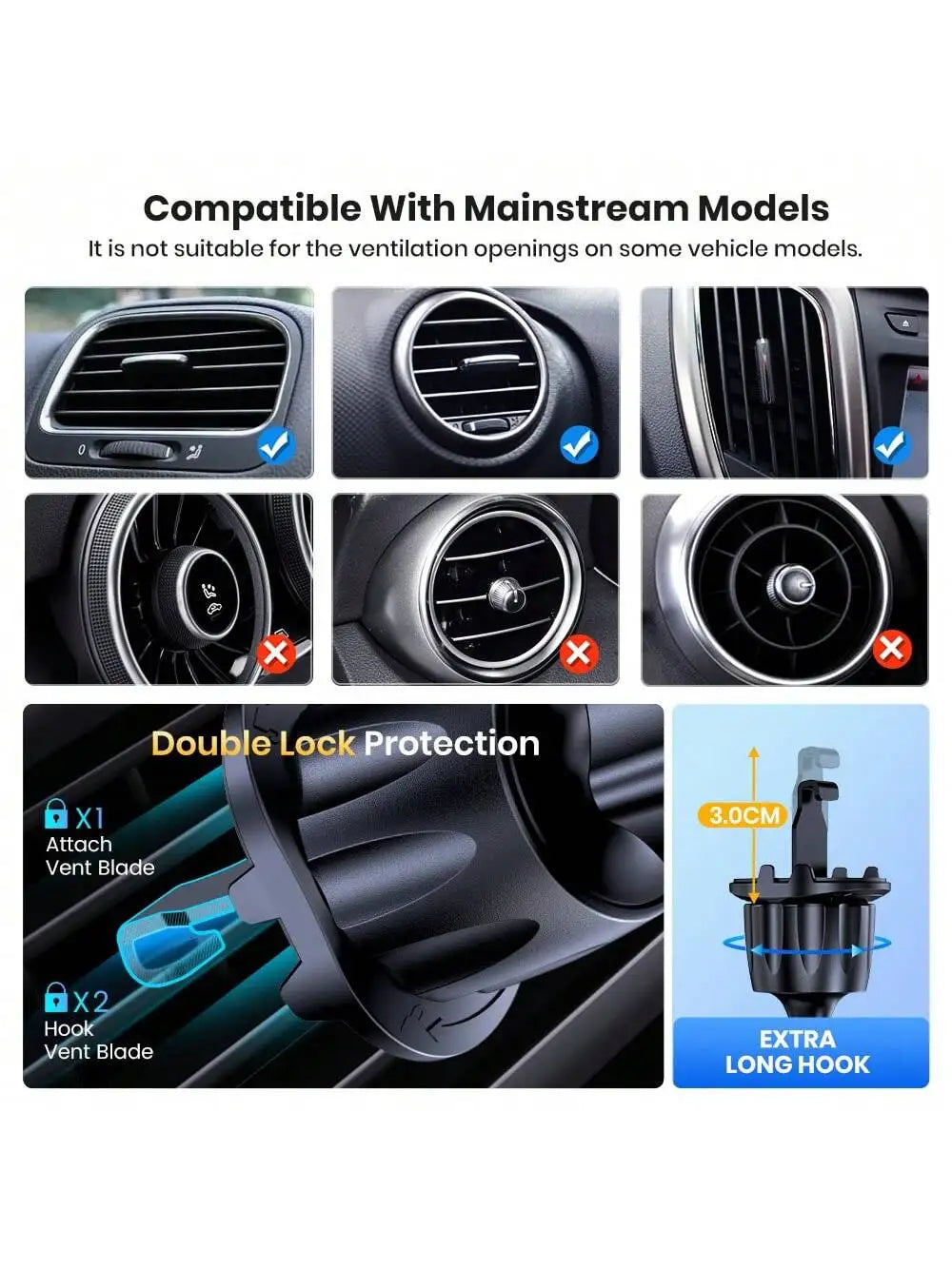 Car Phone Holder Mount, [Upgrade Auto Locking] Universal Phone Holder With Hook Clip For Car Air Vent Compatible With Cellphones