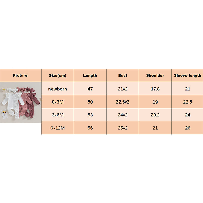 Infant Baby Girl Autumn Jumpsuit Solid Color Round Neck Flying Sleeve Ruffled Zipper Romper with Bow Headband 0-12M