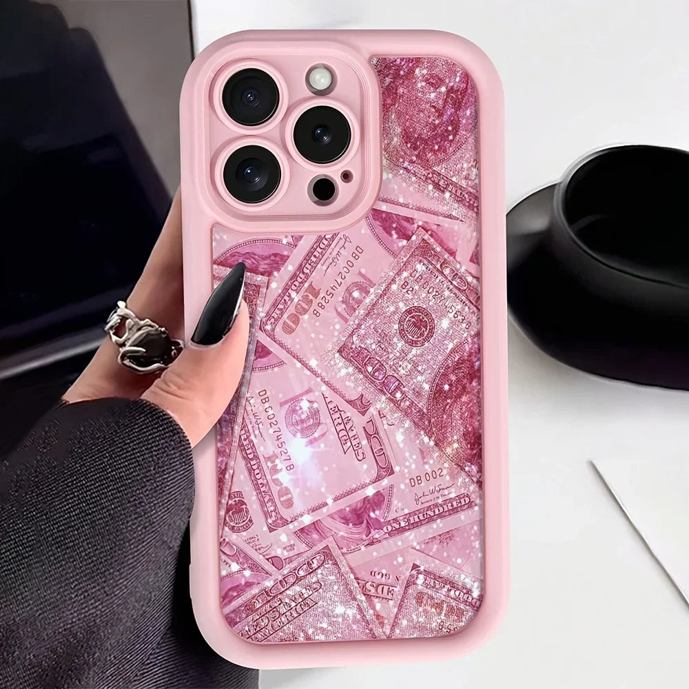 Pink Dollars Full-Coverage Banknote Design Silicone Phone Case For iPhone 17AIR 16 15 14 13 12 11PROMAX Cover