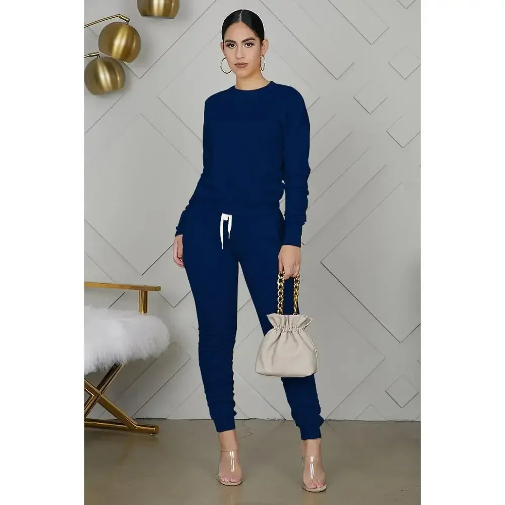 Women’s Slim Fit Long Sleeve Two Piece Set – Casual Warm Top & Elastic Waist Pants Outfit