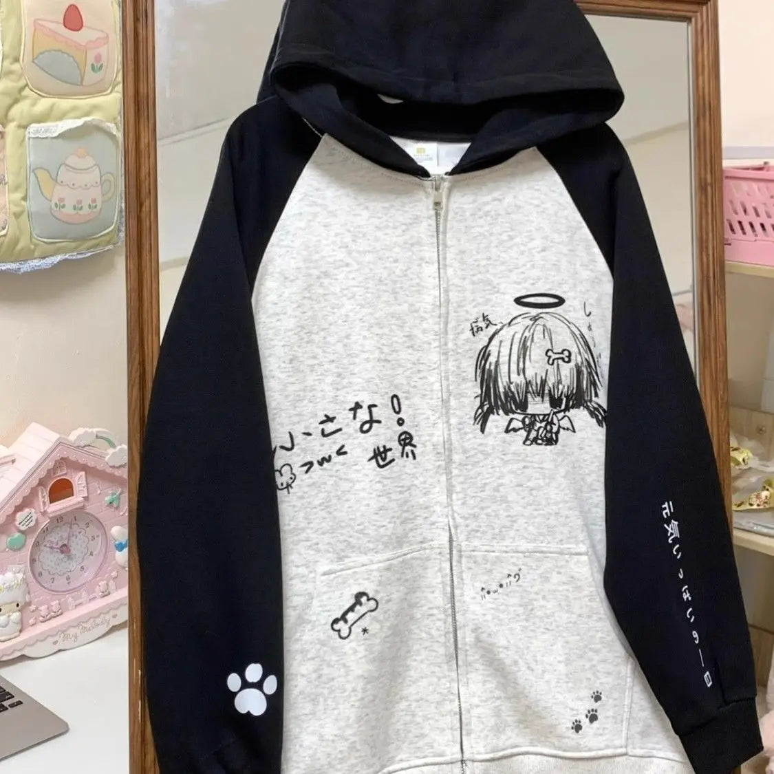 Autumn Japanese Kawaii Cute y2k Aesthetics Patchwork Sweatshirt women Cartoon Anime Print Harajuku Retro Streetwear Jacket Tops