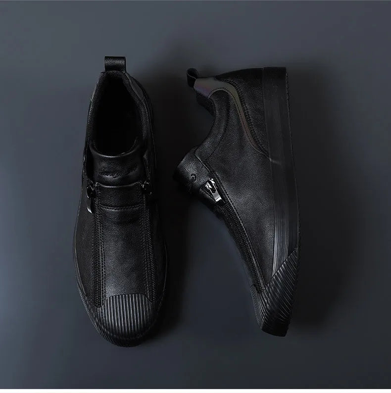 Winter Men Leather Casual Shoes Fashion Double Zipper High Tops Flat Shoes Slip on Plush Male Sneakers Loafers Tenis Masculino