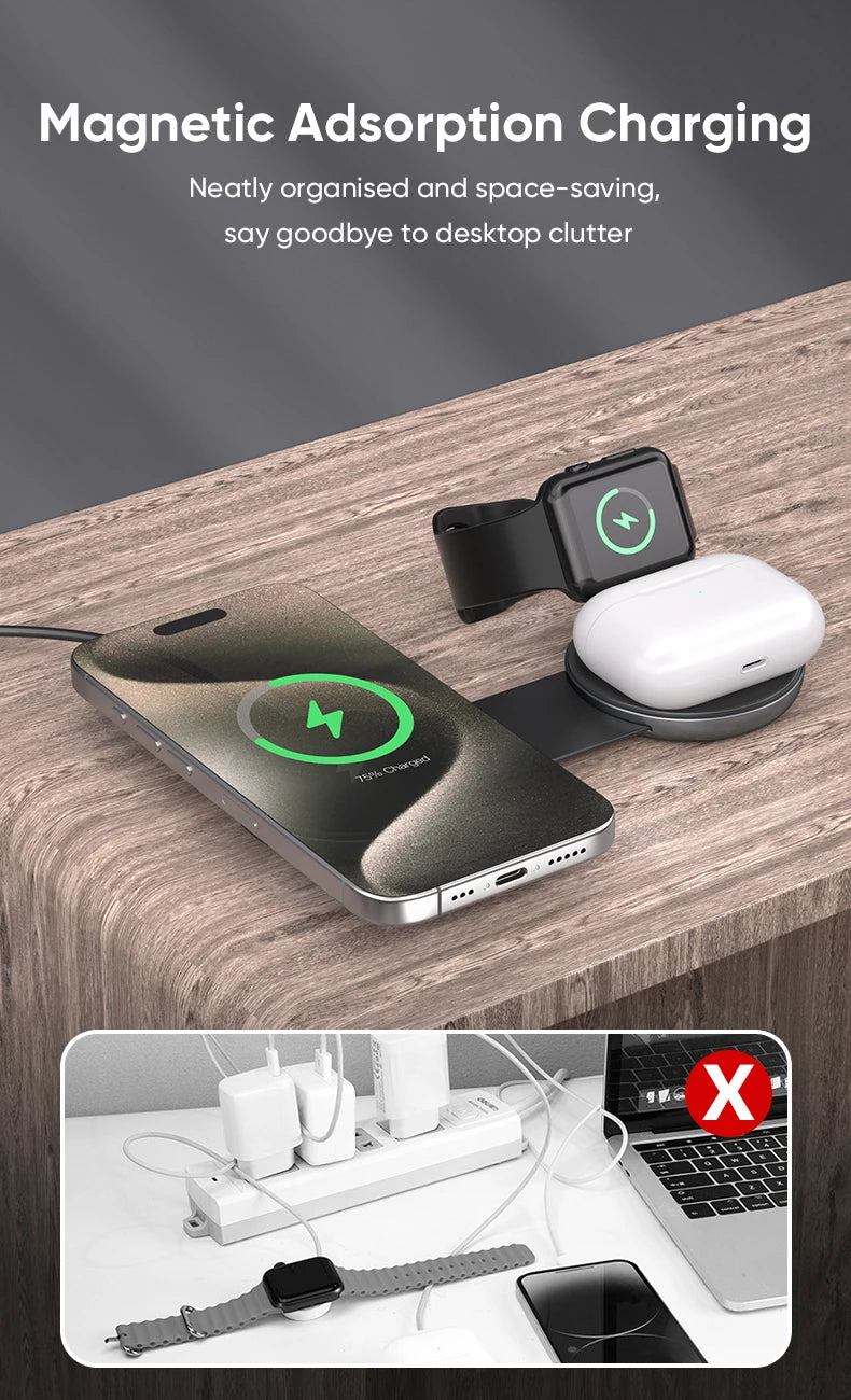 3-in-1 Foldable Magnetic Wireless Charger, 15W Fast Charging, Multi-function Wireless Charging for IPhone, IWatch, Earphones