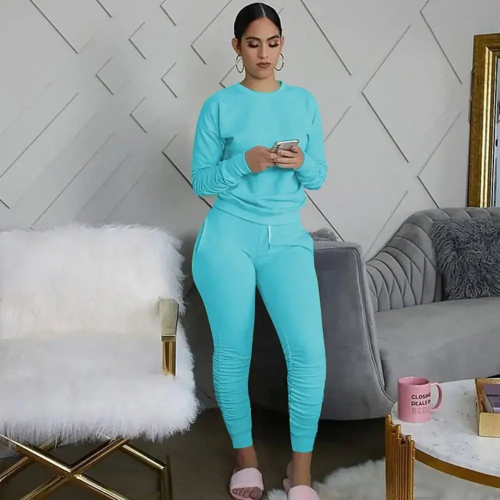 Women’s Slim Fit Long Sleeve Two Piece Set – Casual Warm Top & Elastic Waist Pants Outfit