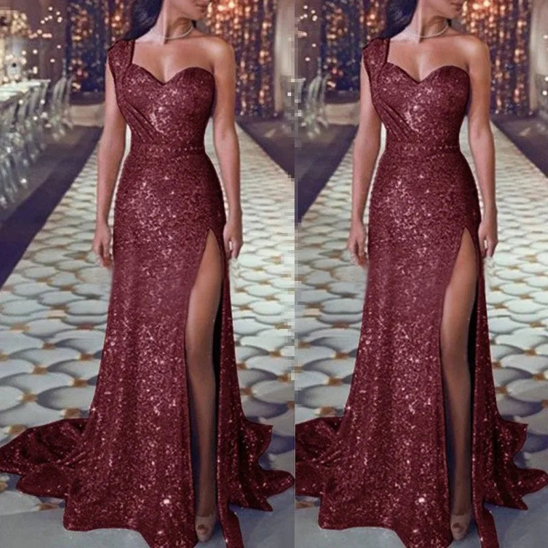Women's Wedding Party Dress Evening Elegant Sexy Deep V Neck One Shoulder Sleeveless Sequined Long Maxi Dresses For Women