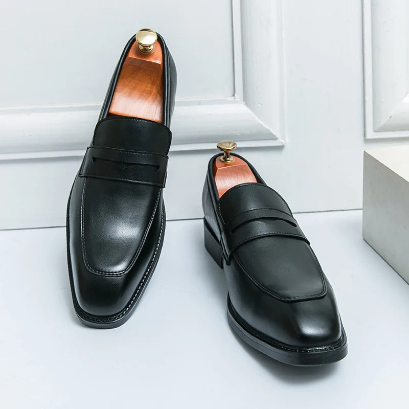 Fashion Penny Loafers Leather Men Shoes Simple Pointed Toe Slip On Dress Business Suit Casual Party Wedding Shoes For Man Brown