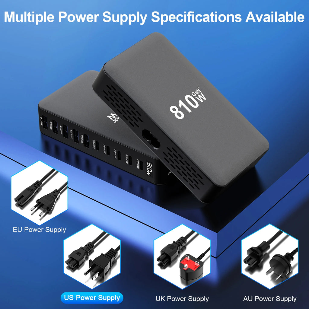 810W GaN Charger USB C Fast Desktop 10-port USB Type C PD3.1 Charger Fast Charging for iPhone Samsung Xiaomi Macbook