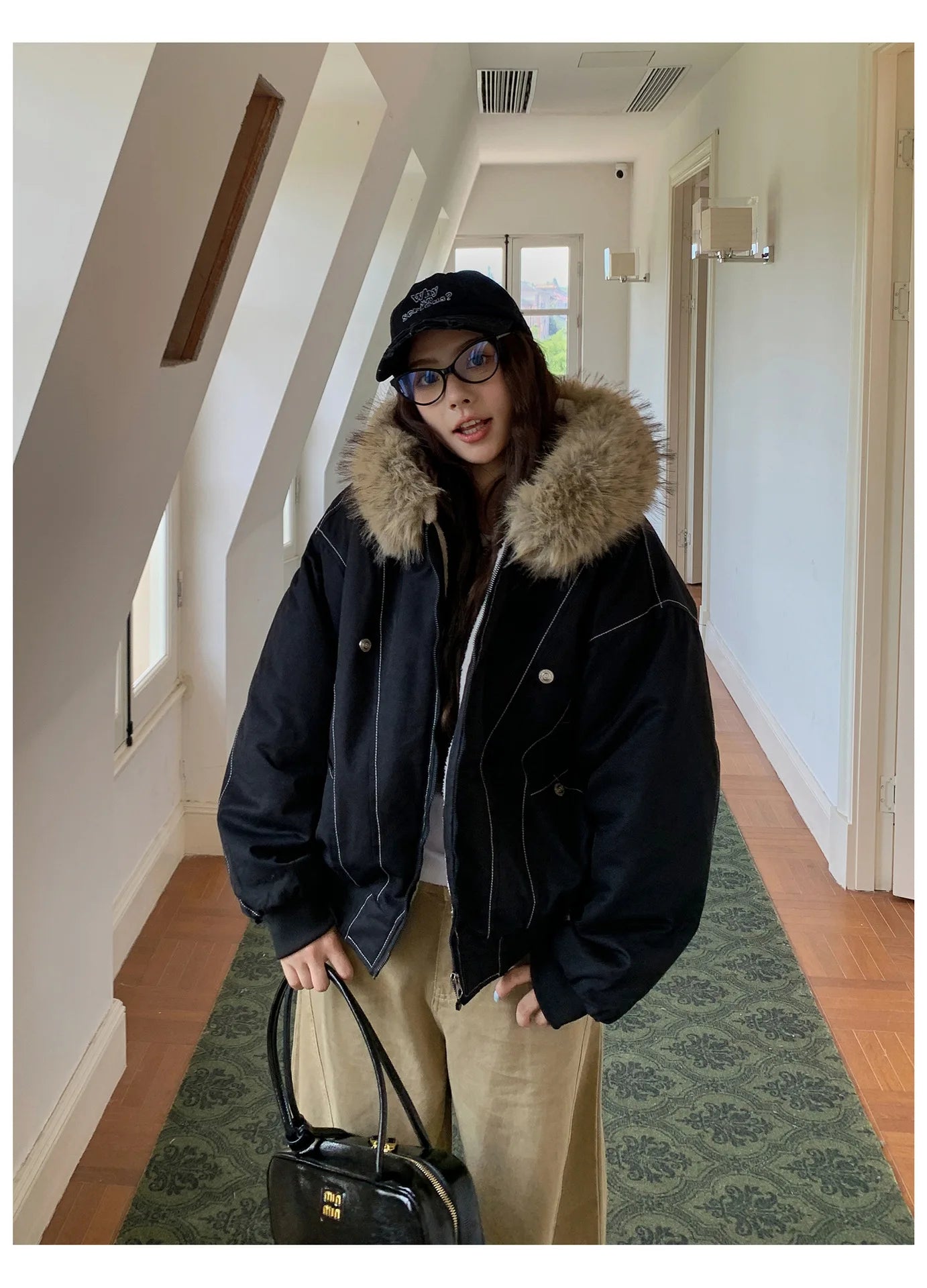 Women Short Parkas Coat Solid Jacket Big Fur Collar Hooded Zipper Pocket Long Sleeve Loose Casual Office Lady 2025 Autumn Winter
