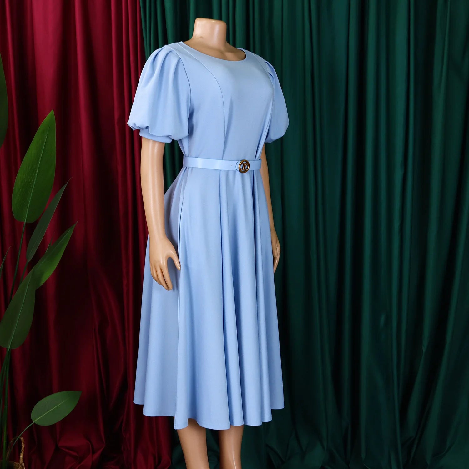 Women Fashion A Line Dress O Neck Short Puff Sleeves High Waist with Belts Flared Hem Elegant Office Party Church Causal Outfits