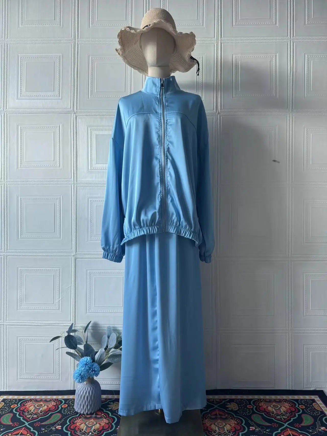 Muslim Dress Satin 2 Piece Set Women Party Abaya Musulman Ensembles Arab Long Robe Dubai Kaftan Vestidos Jalabiya Ramadan Eid