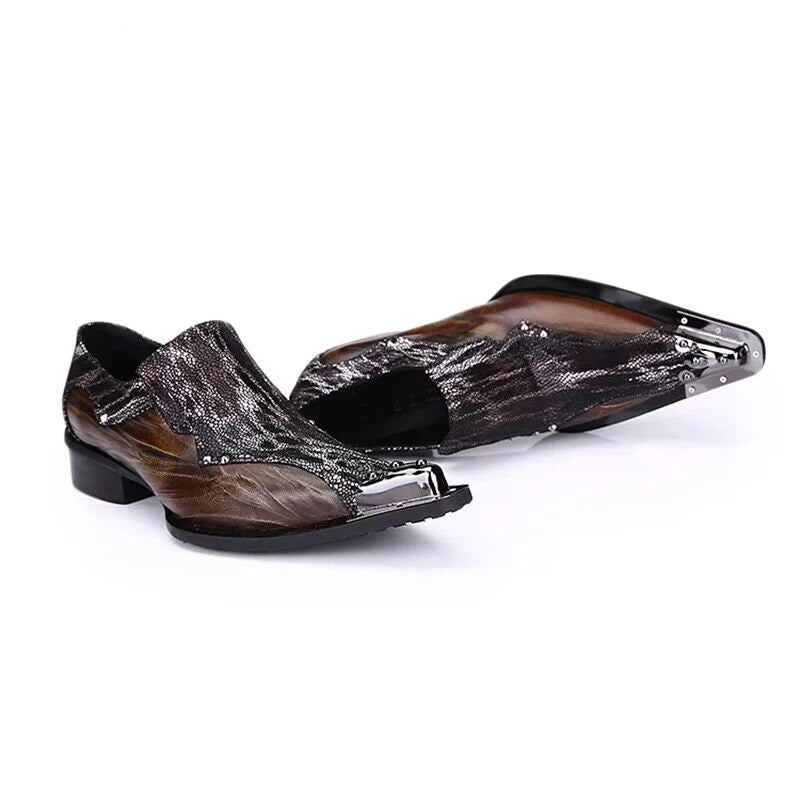 Men's Shoes Italian Style Pointed Metal Toe Leather Dress Shoes Men Slip on Oxfords Shoes for Men's Party and Wedding