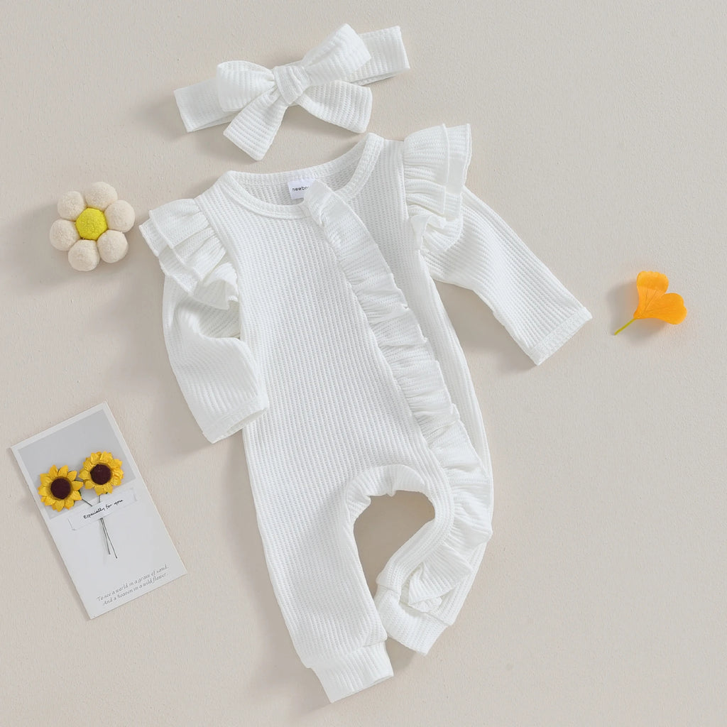 Infant Baby Girl Autumn Jumpsuit Solid Color Round Neck Flying Sleeve Ruffled Zipper Romper with Bow Headband 0-12M