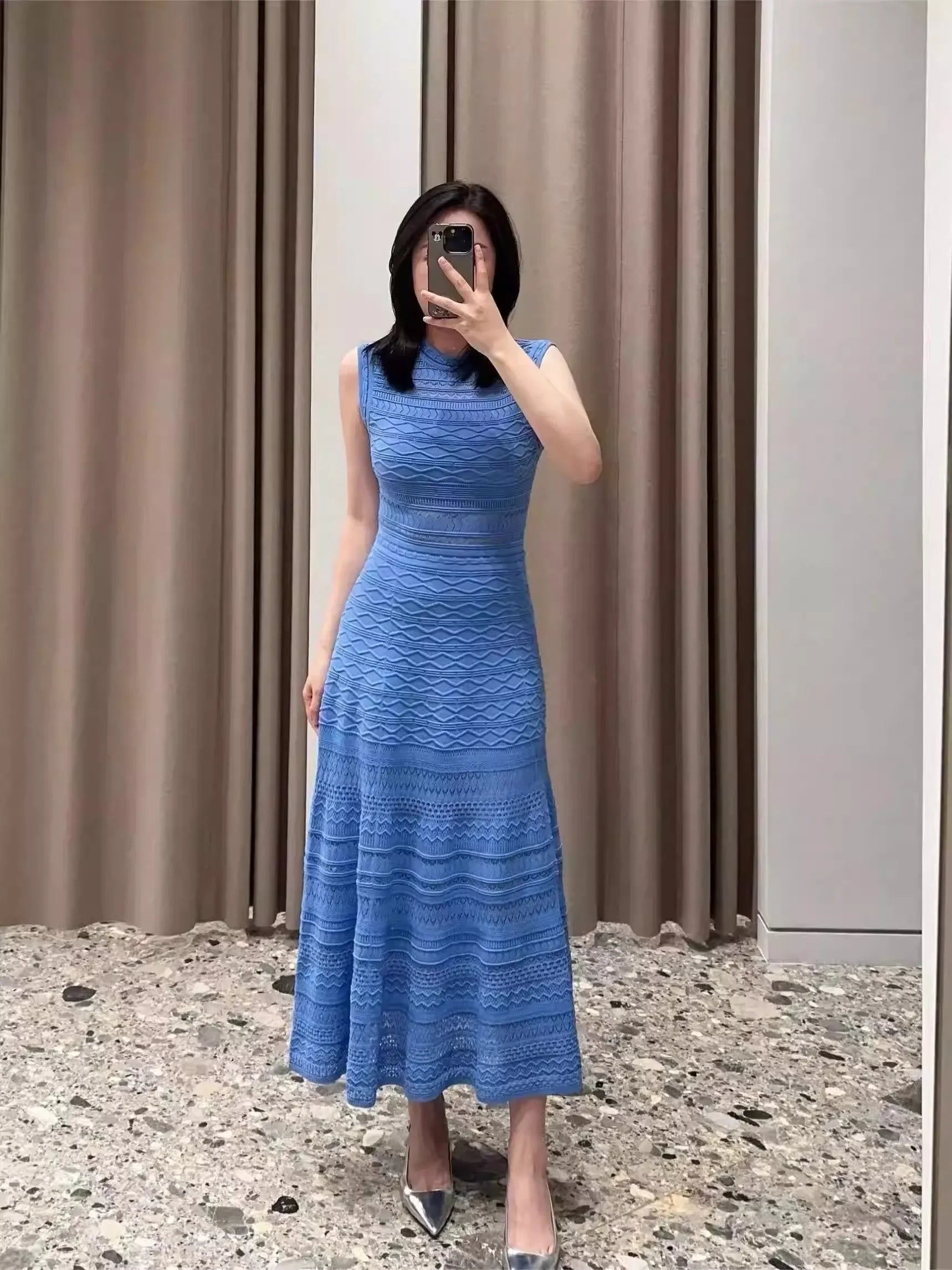 Women's Argyle Jacquard Knit Dress Sleeveless round Neck Midi Elegant Hollow out Lady A-Line Beach Style Spring New