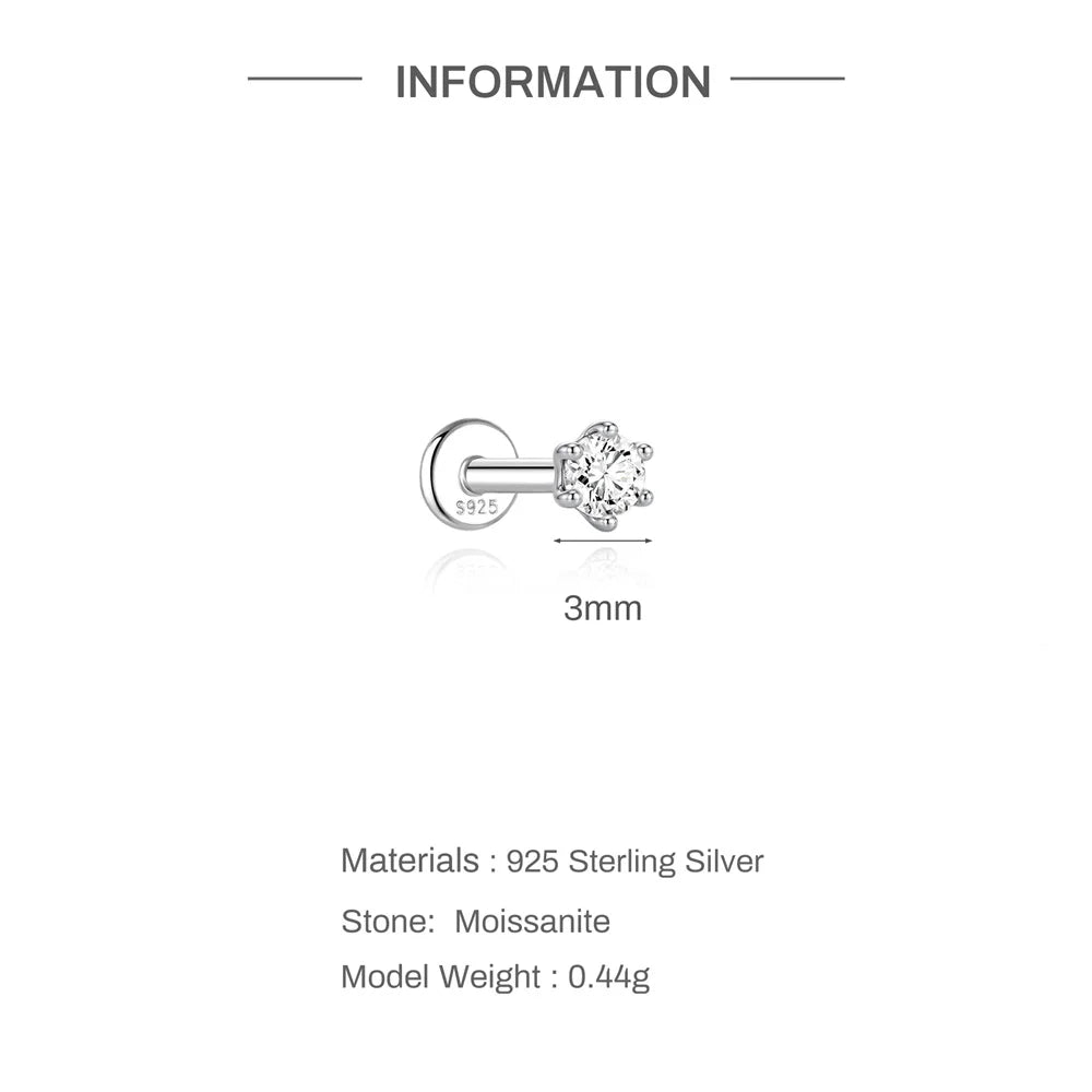 CANNER 1PC Classic Three Claws 0.03-1.2 Carat Sparkling D Color Moissanite Piercing Earring Women 925 Sterling Silver Earring