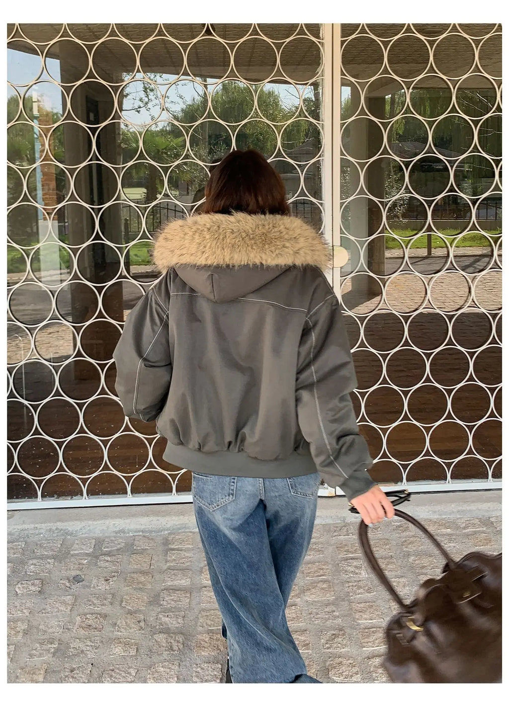 Women Short Parkas Coat Solid Jacket Big Fur Collar Hooded Zipper Pocket Long Sleeve Loose Casual Office Lady 2025 Autumn Winter