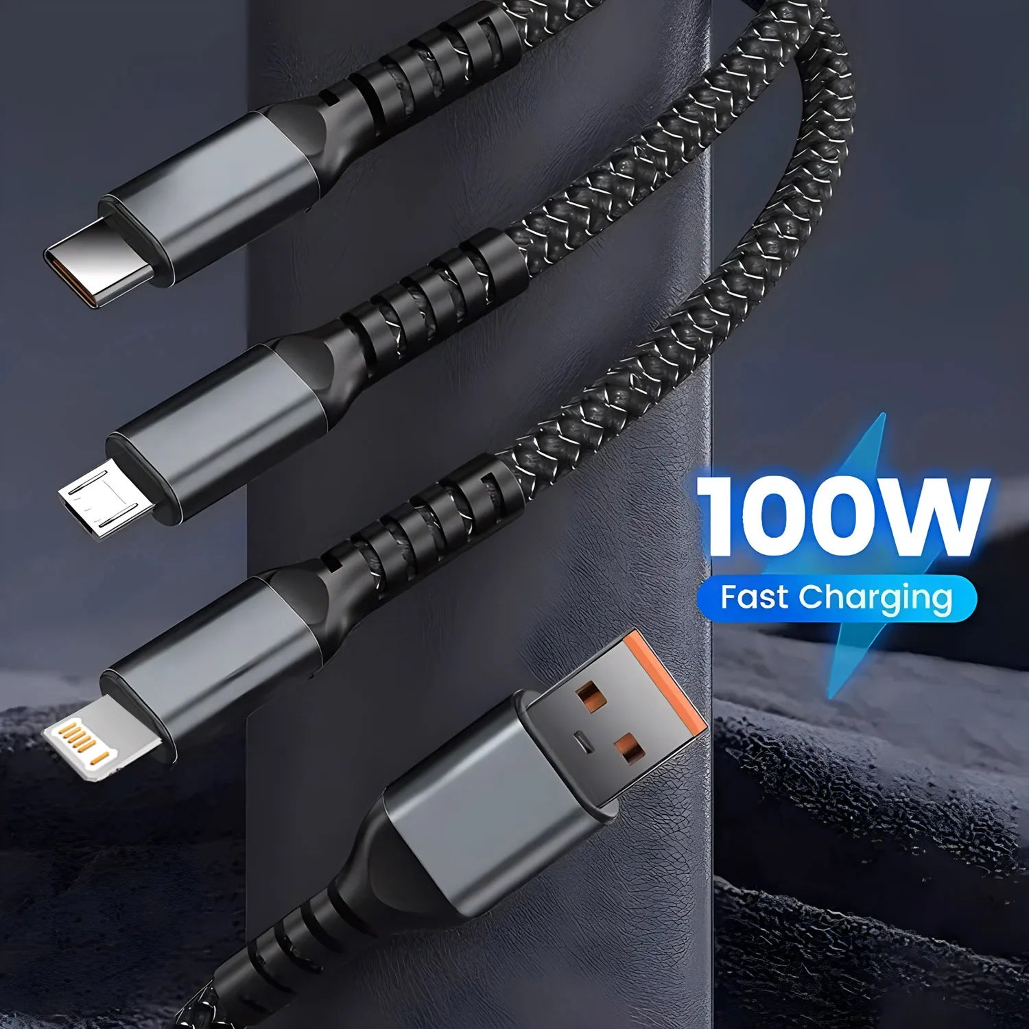 100W Fast Charging 3 in 1 Multi Charger Cable Nylon Braided USB-C Micro Universal Charging Cord with Type-C Micro Adapter