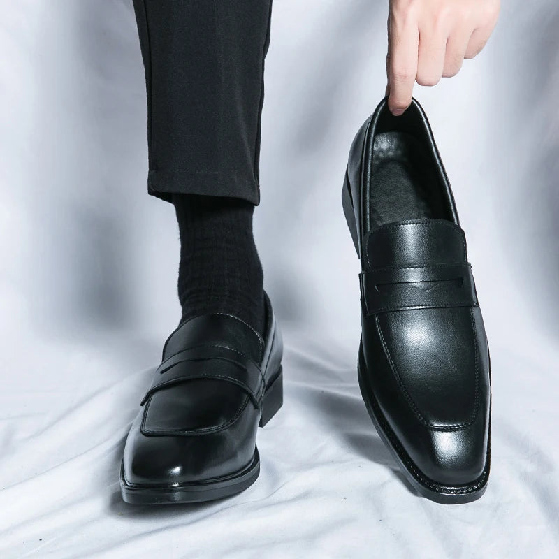 Fashion Penny Loafers Leather Men Shoes Simple Pointed Toe Slip On Dress Business Suit Casual Party Wedding Shoes For Man Brown