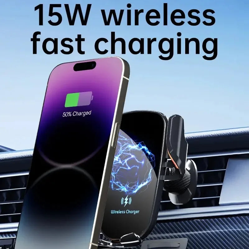Fast Charge Wireless Car Charger with Manual Clamping Air Vent Mount for Samsung Android & iPhone 16 15 14 13 - Type C Qi Certified