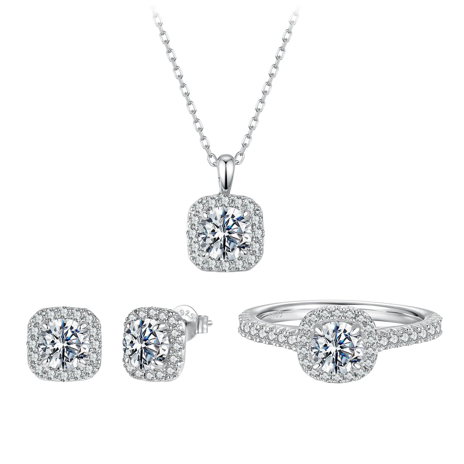 Necklace Stud Earrings 925 Sterling Silver Square Cut Diamond Wedding Engagement Jewelry Set