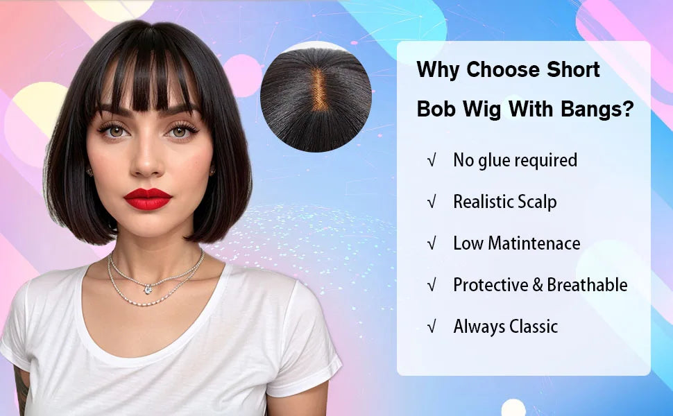 Short Bob Wig With Bangs Straight Human Hair Bob Glueless Wig Human Hair 180% Density Black Color Straight Bang Bob Wig For Women