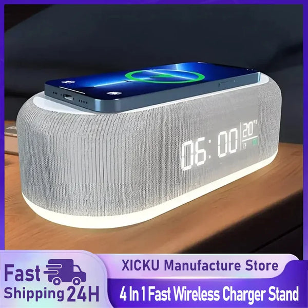 Wireless Chargers Pad Stand Phone 15W Fast Charging Dock Alarm Bedroom Lamp Night Light Desktop Clock Temperature Thermometer