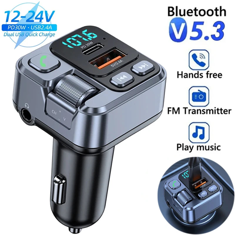 Bluetooth 5.1 Car FM Transmitter Car MP3 Stereo Music Player Handsfree 3.5mm Aux Wireless Car Kit 30W PD USB-C Fast Charger