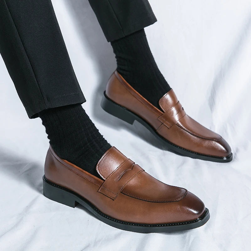 Fashion Penny Loafers Leather Men Shoes Simple Pointed Toe Slip On Dress Business Suit Casual Party Wedding Shoes For Man Brown