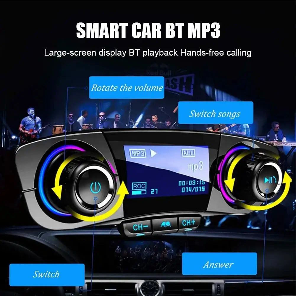 Bluetooth Car Mp3 Player with QC3.0 Fast Charging USB Cigarette Lighter Charger Hands-free FM Transmitter for Vehicle