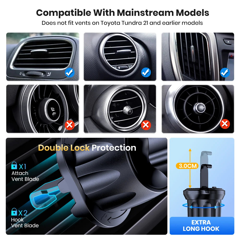 Universal Car Phone Holder Mount with Auto Locking And Hook Clip Black Air Vent Stand for iPhone Samsung - Upgrade Stability