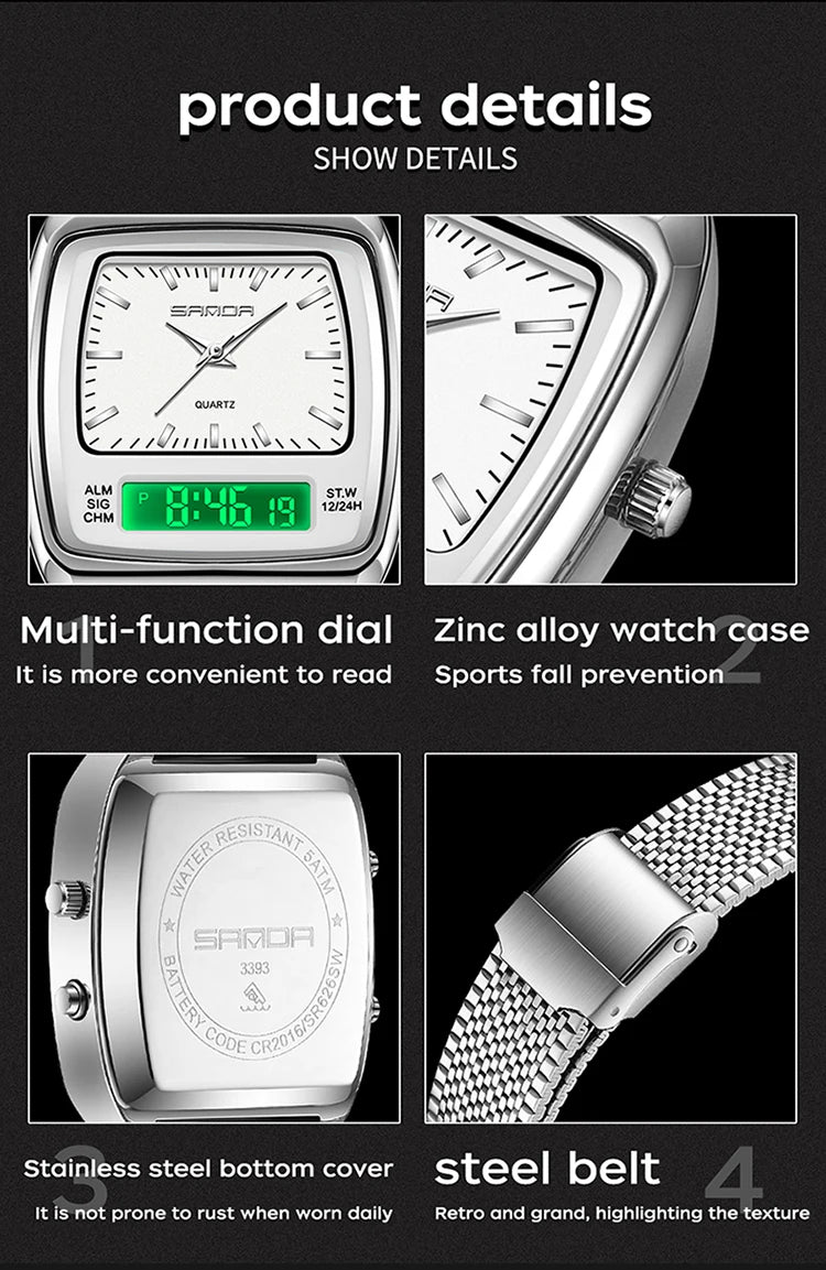 SANDA 3393 Men's Electronic Quartz Watch Fashion Multifunction Dual Display Clock Luminous Waterproof Casual Men Digital Watches
