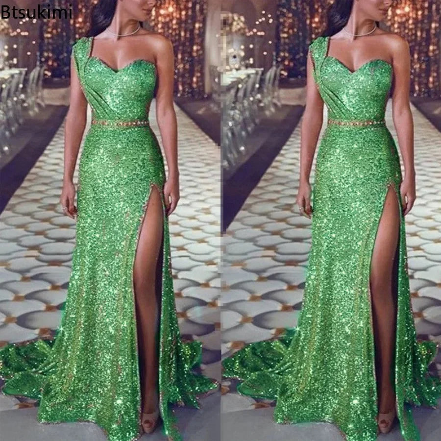Women's Wedding Party Dress Evening Elegant Sexy Deep V Neck One Shoulder Sleeveless Sequined Long Maxi Dresses For Women