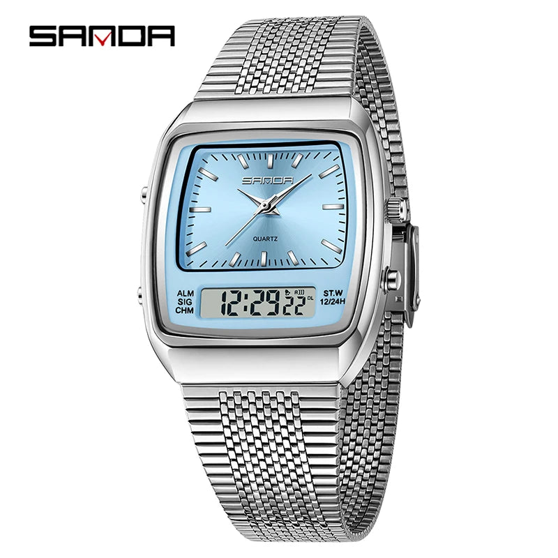SANDA 3393 Men's Electronic Quartz Watch Fashion Multifunction Dual Display Clock Luminous Waterproof Casual Men Digital Watches