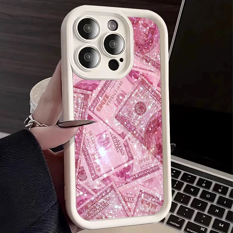 Pink Dollars Full-Coverage Banknote Design Silicone Phone Case For iPhone 17AIR 16 15 14 13 12 11PROMAX Cover
