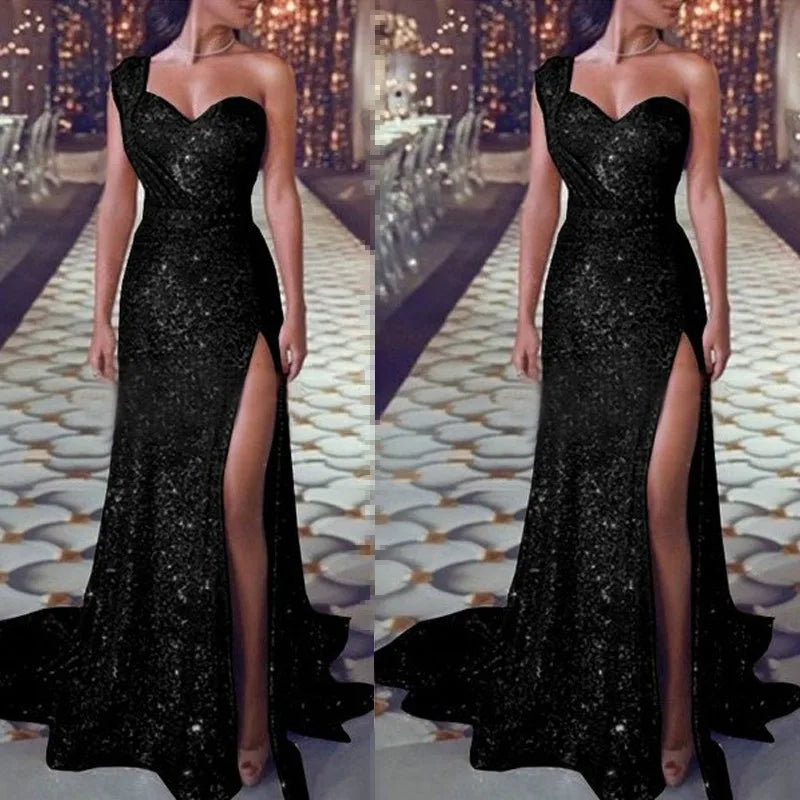 Women's Wedding Party Dress Evening Elegant Sexy Deep V Neck One Shoulder Sleeveless Sequined Long Maxi Dresses For Women