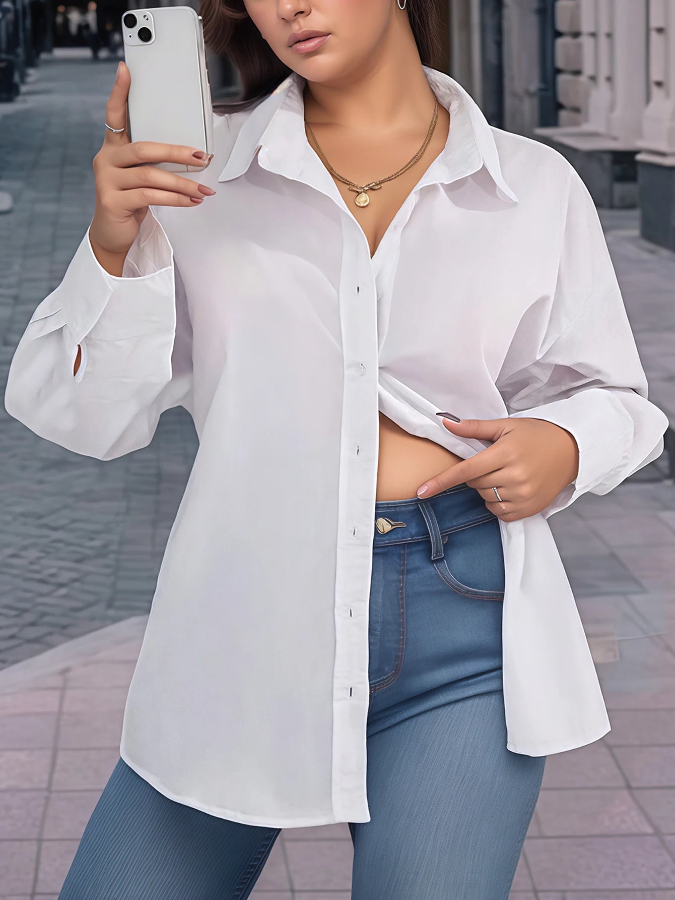 Plus Size Women's Crop Top Shirt Elegant Women's Tie-Front Long-Sleeved Shirt Solid Colour Suitable for Autumn