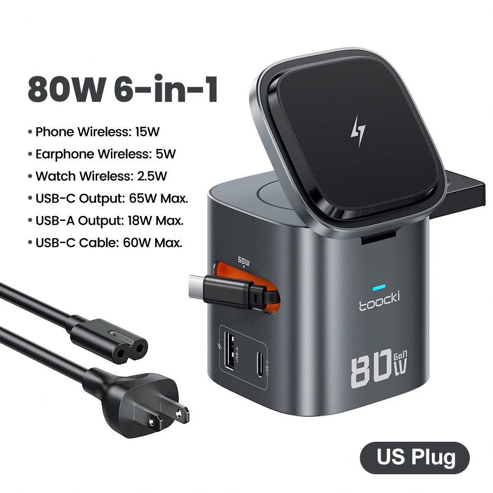 80W GaN Charging Station 6-in-1 Fast Wireless Charger for MacBook iPhone 17 16 - Retractable 65W PD Magsafe Compatible
