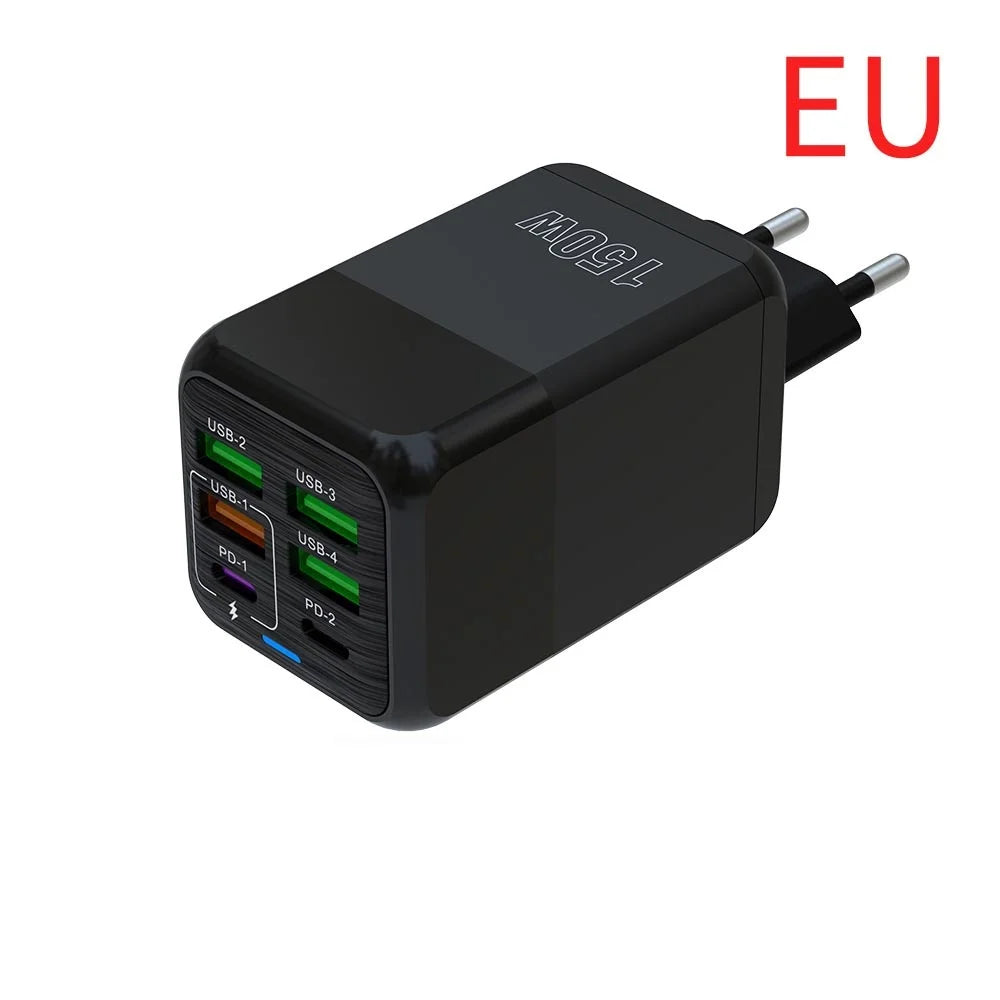 150W 6-Port USB Charger PD QC3.0 Type C Fast Charging Adapter Super Fast Charger For iPhone Samsung Xiaomi OnePlus EU/UK/US Plug