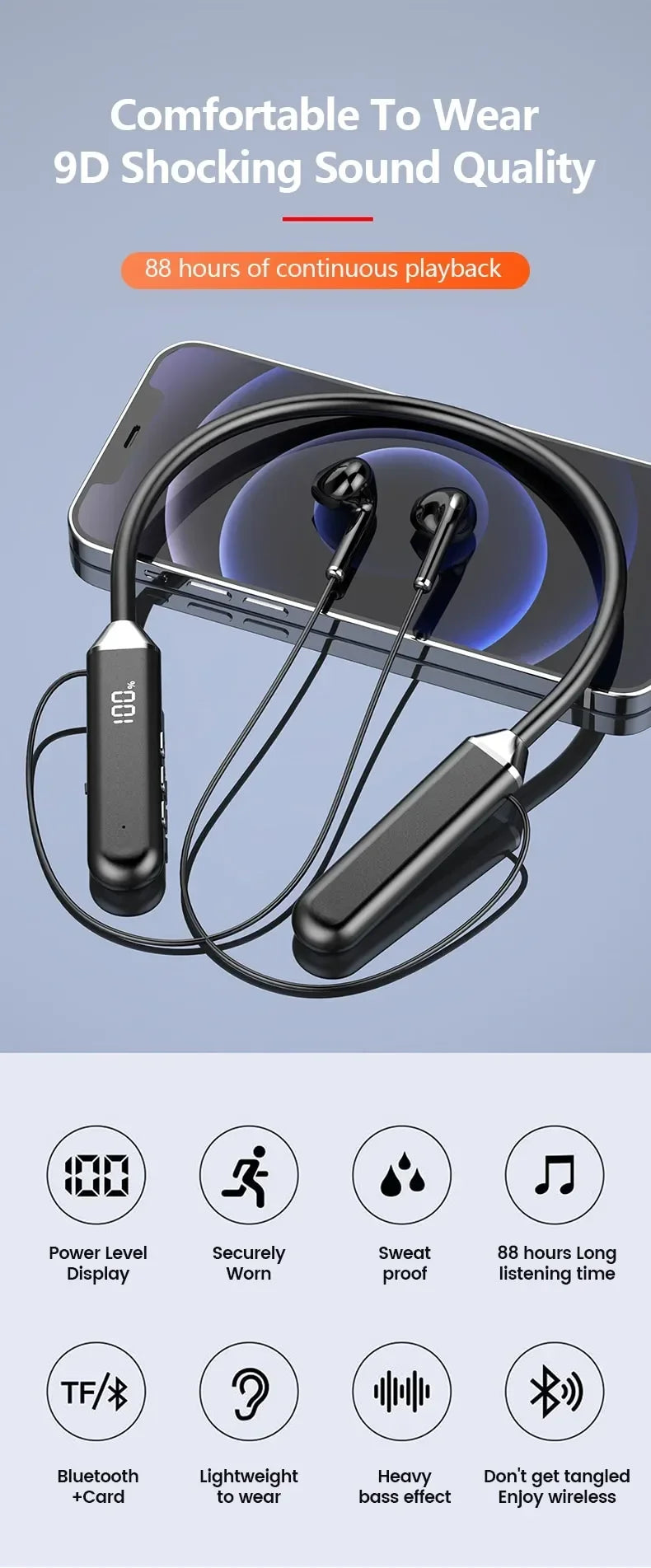Wireless Neckband Headphones Bluetooth Earphones with LED Power Display High Sound Quality Stereo Waterproof In-ear Headset with Microphone