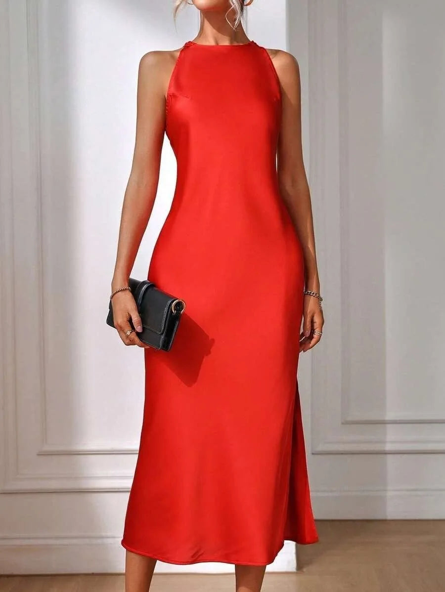 Women's Elegant Satin Sleeveless Midi Dress Solid Color O-Neck Slim Fit Fashion Ankle-Length Street Party Dress