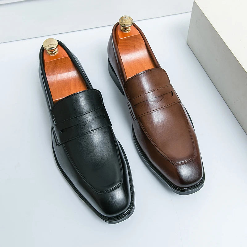 Fashion Penny Loafers Leather Men Shoes Simple Pointed Toe Slip On Dress Business Suit Casual Party Wedding Shoes For Man Brown