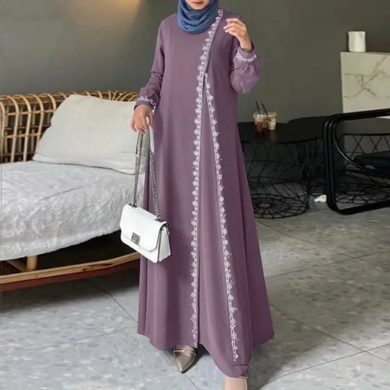 Women's Long Sleeve Lace Robe Muslim Bohemian Style Polyester Abaya Casual Ramadan Spring Vest for Adults Middle Age
